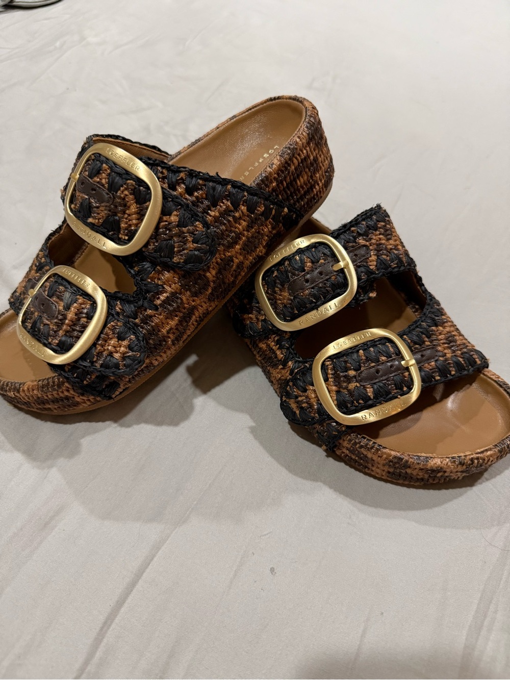 Loeffler Randall Theo leopard print raffia sliders 7.5